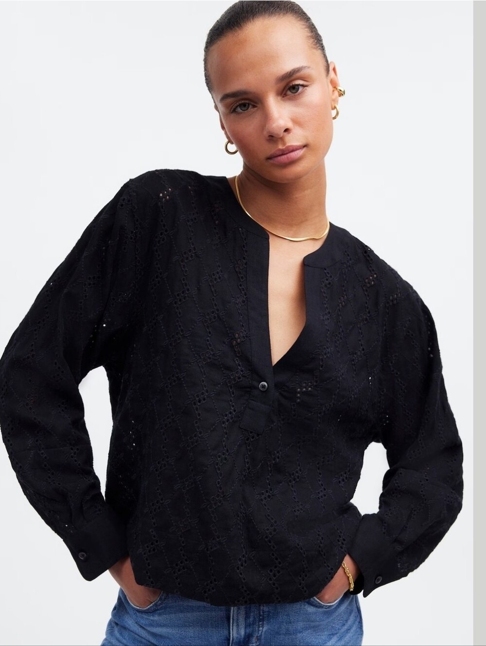 Madewell Eyelet Long-Sleeve Popover Linen Blend Top Large Black